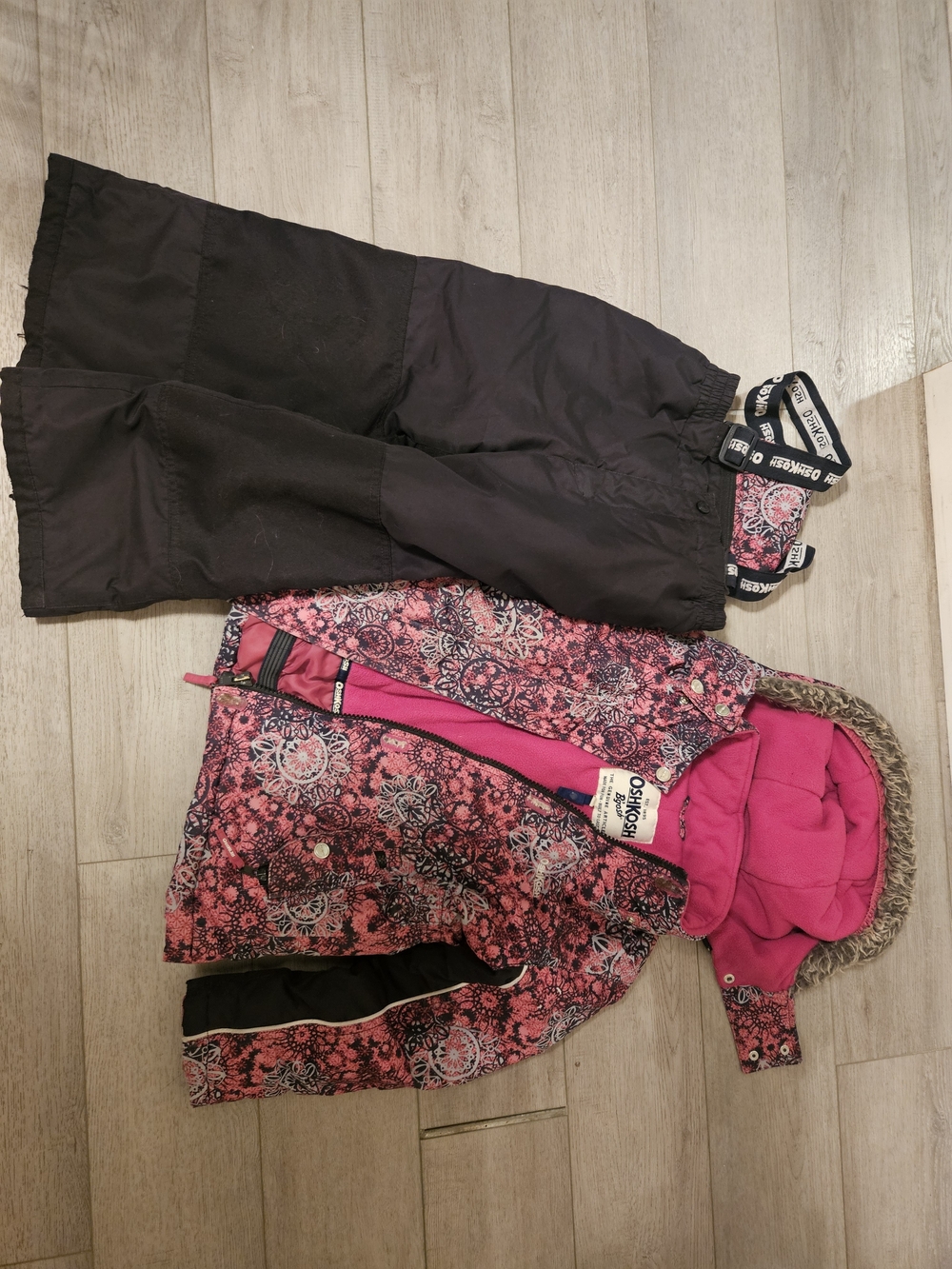 OshKosh B'gosh Pink Patterned Girls Winter Coat & Black Snow Pants Set